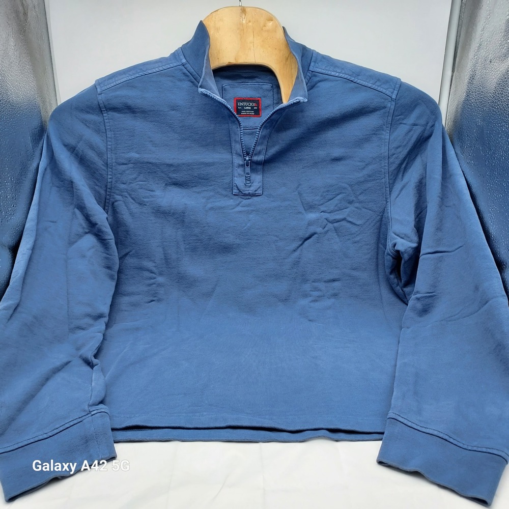 UNTUCKit Mens Large Blue 100% Cotton Quarter Zip Pullover Sweater Elbow Patches